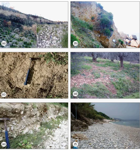 Figure 4. Continental near-surface deposits (numbers refer to the legend of the map). (a) Scree slope depos- depos-its at Punta Cavalluccio (6) and detail view of coarse debris; (b) Landslide deposdepos-its south of Punta del  Guar-diano; view of a highly 