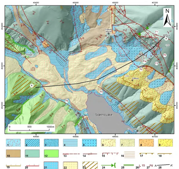 Figure 7. Geological and geomorphological map of the Scanno landslide area. Legend: Holocene: (1)  talus slope deposits; (2) alluvial fan deposits; (3) colluvial deposits; (4) palustrine deposits; (5) mixed  slope-alluvial fan deposits