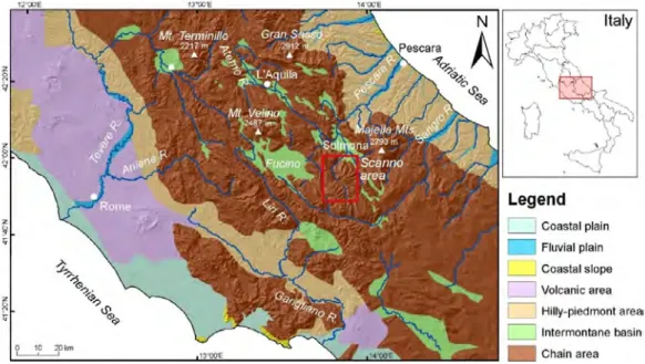 Figure 2. Location map of the study area within the physiographic setting of Central Italy, modified 