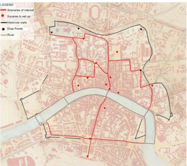 Figure 2. Pisa: the complex system of paths, of urban spaces, and of the architectures identified as a  starting point for research