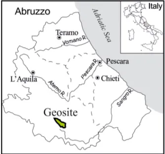 Figure 1. Location map of the Mount Serrone fault Geosite (Gioia dei Marsi, AQ, Fucino Plain, Abruzzo, Central Italy).
