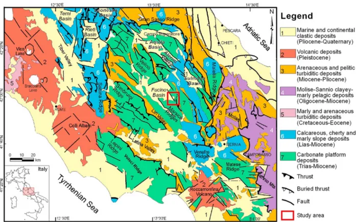 Figure 2. Geological scheme of central Italy (modi ﬁed from Cosentino et al., 2010 ; Piacentini &amp; Miccadei, 2014 ).
