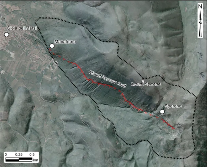 Figure 3. Mount Serrone fault Geosite (Gioia dei Marsi, AQ). Ortophoto and hillshade image of the Geosite area (black dotted line)
