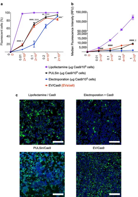 Figure 4. Comparison of EVs, electroporation and commercial protein transfection reagents for  intracellular delivery of Cas9