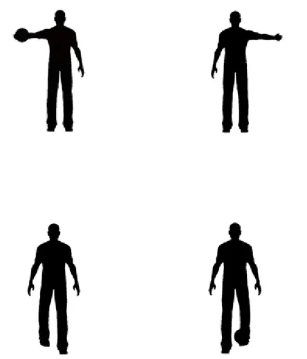 Figure 1. Examples of stimuli with an arm or a leg extended (with and without ball). 