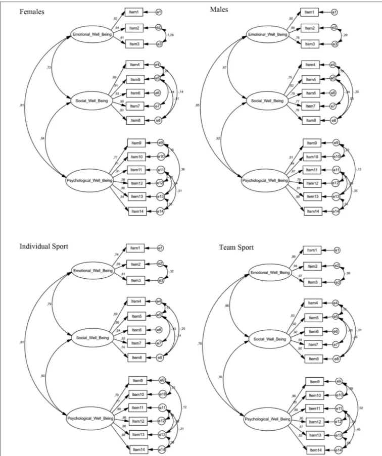 FIGURE 1 | Multigroup Confirmatory Factor Analysis of the Italian version of the Sport MHC-SF scale: standardized regression weight estimates.