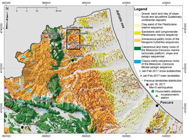 Figure 2. Lithological scheme of the NE-Abruzzo region and distribution of the main landslides