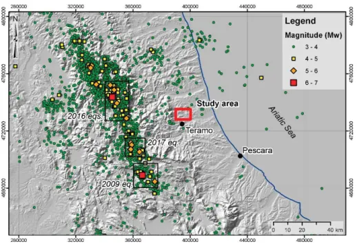 Figure 4. Recent seismicity of the Central Italy area and affecting the Apennines piedmont hilly area of NE-Abruzzo; earthquakes (Mw &gt; 4) occurring since 1985 (from ISIDe working group (2016) version 1.0, DOI: 10.13127/ISIDe).