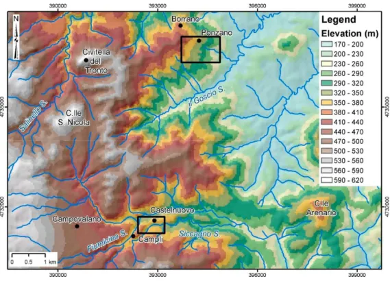 Figure 5. Elevation and hydrography map of the study area. The black boxes indicate the Ponzano landslide and Campli landslide areas.