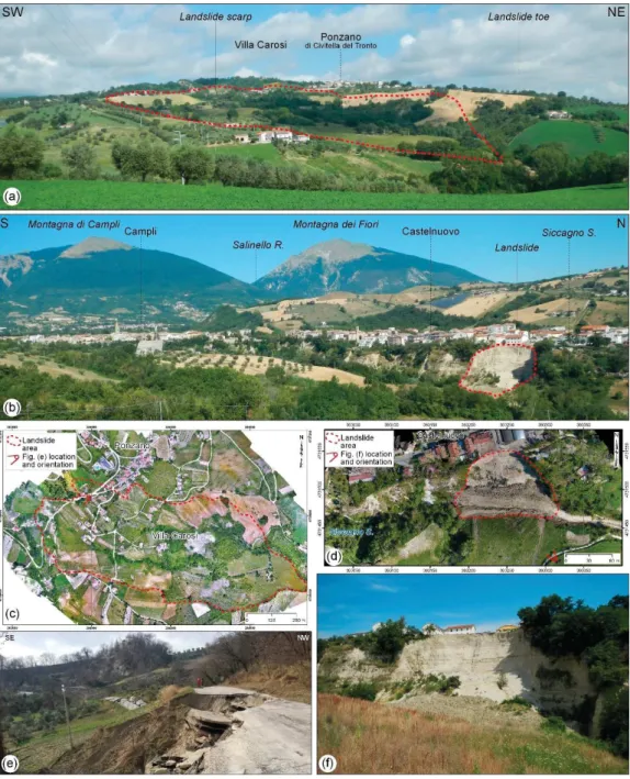 Figure 6. (a) Panoramic view of the Ponzano di Civitella del Tronto area (the red dashed line marks the landslide)
