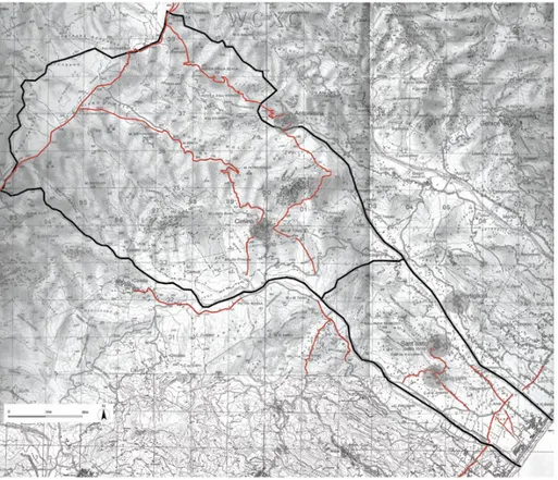 Figura  3.  Insediamenti  e  percorsi del Feudo di  Contejanni  su  cartografia  IGM  1992,  scala  1:50.000, mosaico dei Fogli n