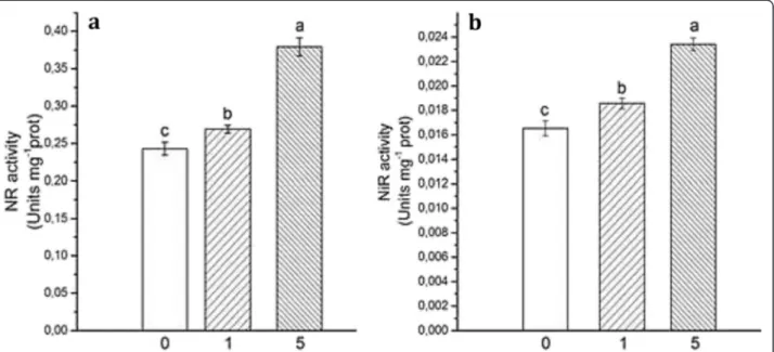 Figure 5 GS (a) and NADH-GOGAT (b) specific activities. Seedlings were grown for 14 days in a Hoagland modified complete nutrient solution (0) and treated for the last 2 days with HS concentrations of 0, 1 and 5 mg C L −1 