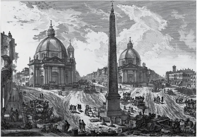 Figura 8. Giovanni Battista Piranesi, Veduta della Piazza del Popolo, incisione (Vedute di Roma, 1750c.)
