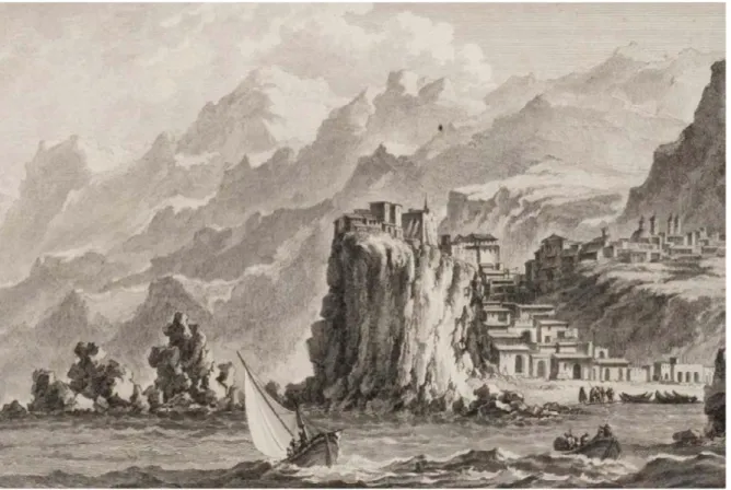 Figura 13. Claude-Louis Châtelet, Rochers et Ecueils renommés de Scylla avec la vuë de la ville, et du Château qui étoit  élevé au dessus avant le tremblement de terre