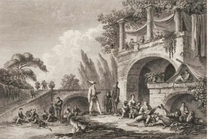 Figura 14. Claude-Louis Châtelet, Vue prise dans les environs de Reggio, incisione di François M.I Queverdo (Saint-Non  1781-1786, vol