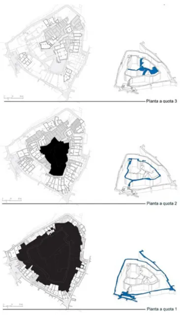 Figura 4. Restituzione grafica delle planimetrie del  castello alle quote principali (elaborazione di  A