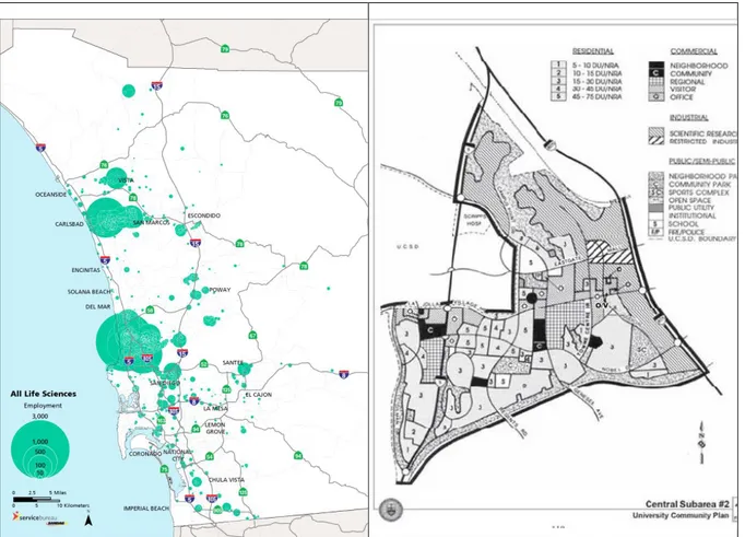 Figure 1a: Life Science Employment Map (San Diego Workforce Partnership, 2014);  Figure 1b: University City Land Use (The City of San Diego, 2015a) 
