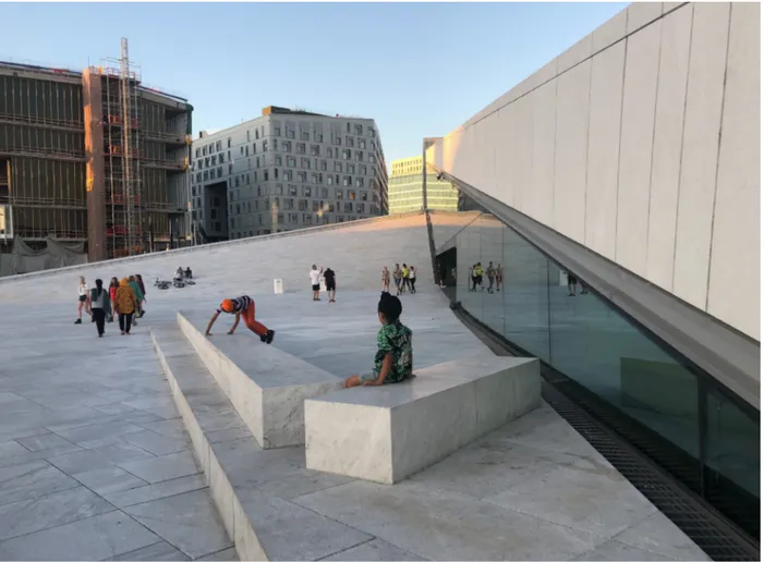 Fig. 4 · Bambini giocano tra le sedute in marmo dell’Opera House di  Oslo, 2018. (Progetto di Snøhetta, 2008)