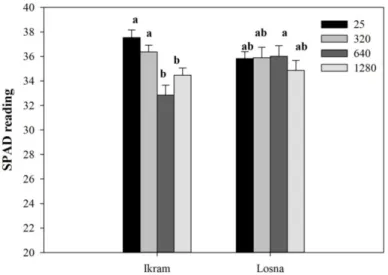 Figura 6.  SPAD reading of two tomato genotypes exposed to 25, 320,  640 or 1280 µM B for 7 days