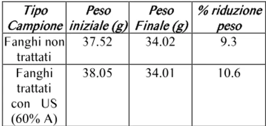 tab. 9. Test di essiccazione del fango.  * i campioni sono stati essiccati in stufa a 100°C per 2h