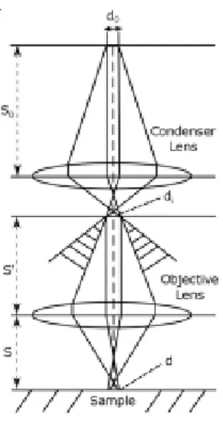 Figure  2.17.  Schematic  diagram  of  ray  traces  in  a  typical  SEM,  ray  divergence  is 