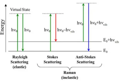 Figure 2.21. Schematic representation of quantum energy transitions for Rayleigh and 