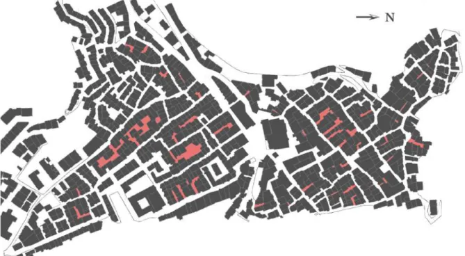 Fig. 4.12 – Map of Longobucco with cul-de-sacs and courtyards in red. Drawing by Guglielmo Minervino.
