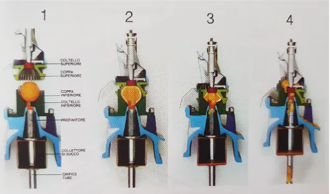 Figure 3- Representation of the different stages of juice extraction and essence with FMC  extractors (Citrus trattato di Agrumicoltura Vacante e Calabrese 2009) 