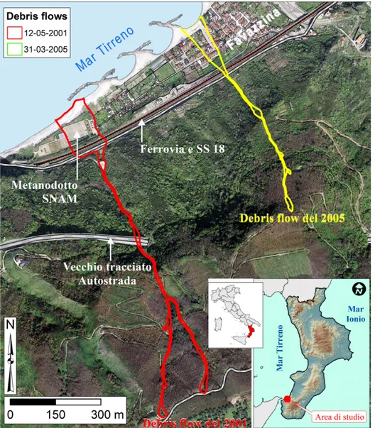 Figura 2. Localizzazione geografica dell’area di studio di Favazzina ed ortofoto dei debris flow  avvenuti nel 2001 e nel 2005 (elaborazione a cura degli autori, 2019).