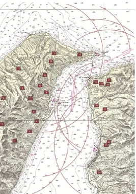 Fig. 1- Localizzazione dei forti umbertini  controlla l'attraversamento di un braccio di mare