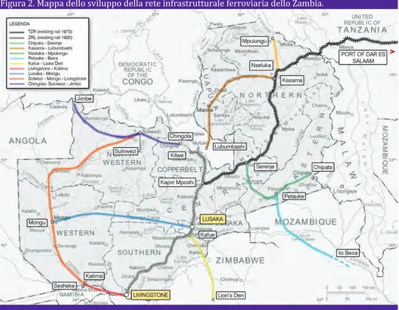 Figura 2. Mappa dello sviluppo della rete infrastrutturale ferroviaria dello Zambia.