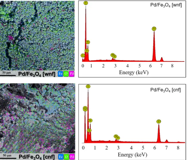 Figure 6. EDX spectra and colored maps of Pd/Fe 3 O 4 [wnf] and Pd/Fe 3 O 4 [cnf] samples