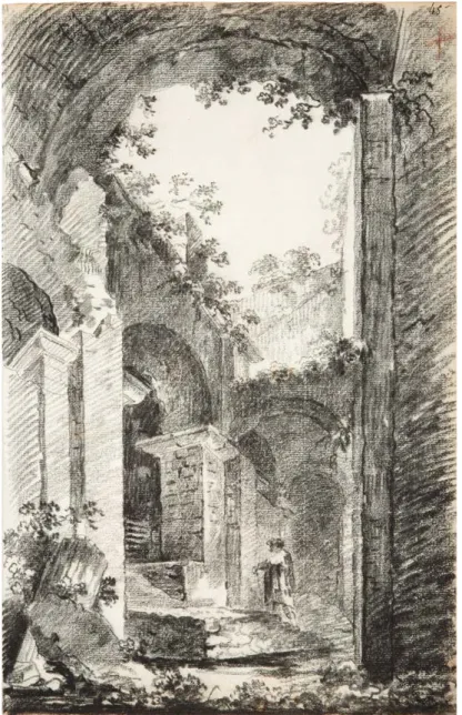 Figura 7. Jean-Augustin Renard, intérieur  de ruine à l’arche (veduta dell’interno  dell’antico anfiteatro di Catania), matita  nera