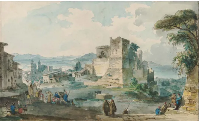 Figura 10. Louis-Jean Desprez, veduta di Alicata (Licata), disegno esecutivo, penna e inchiostro nero, acquerello