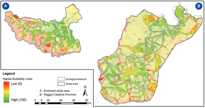 Figure 7. Map of the habitat suitability index in the two study-areas (A and B).