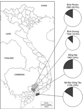 Figure 1.  Diagrammatic representation of the incidence of  the decline incited by Phytophthora palmivora in jackfruit  plantings in four provinces of South Vietnam; the size of  pies is proportional to the number of surveyed trees in each  province