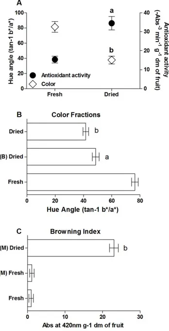 Figure 1. Changes in chemical parameters elicited by fruit processing. (A) Changes in antioxidant activity and color expressed as hue variation (tan - 1 b*/a*)