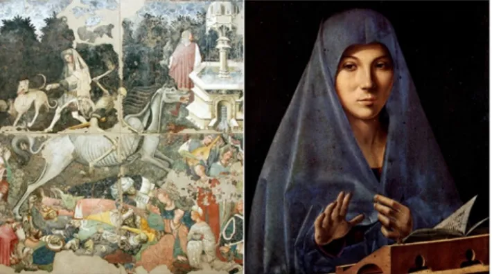 Figure 3. The Triumph of Death on the left and the Virgin Annunciate on the right   (source: “Archivio fotografico di Palazzo Abatellis”, http://www.regione.sicilia/beniculturali) 