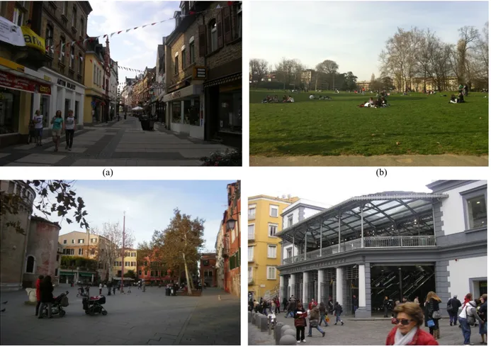 Fig. 1    The European city: (a) Commercial areas in the city centre of Eltville am Rhein (2008); (b) Castle Valentino Park in  Turin (2011); (c) a square in Venice (2010); (d) the refurbished transport node of Montesanto in the historical centre of  Naple
