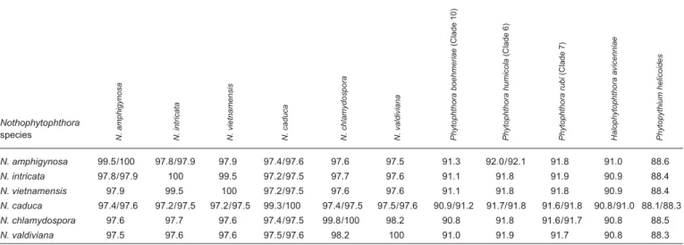 Table 9			Pairwise	sequence	similarities	(%)	along	a	4	136-character	long	multigene	alignment	(LSU,	Btub, HSP90, cox1, NADH1)	among	the	six	Nothophytoph- NADH1)	among	the	six	Nothophytoph-thora species and between the NothophytophNADH1)	among	the	six	Notho