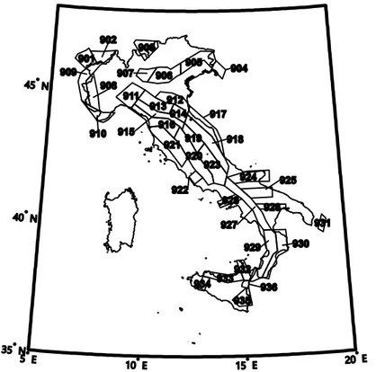 Figure 1. The seismic source zone model for Italy, according to the model of Meletti et al
