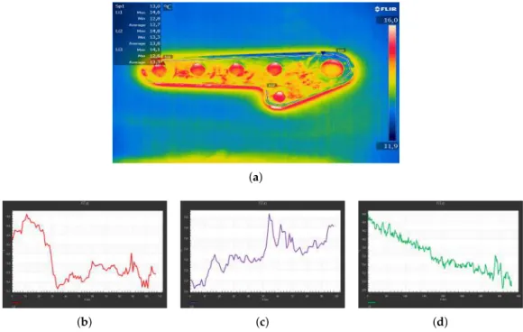 Figure 10. Thermographic investigation at 15 ( ◦ C). (a) Plate analysis with FLIR Research IR