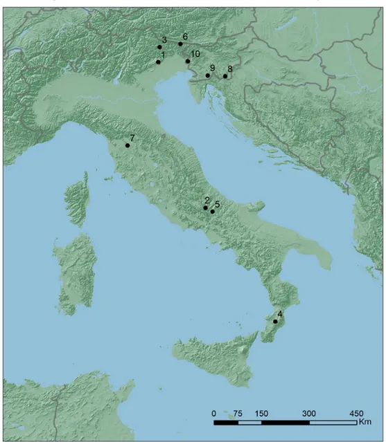 Figure 1 -  Location of the study sites: 1. Cansiglio, 2. Chiarano Sparvera, 3. Lorenzago di Cadore, 4