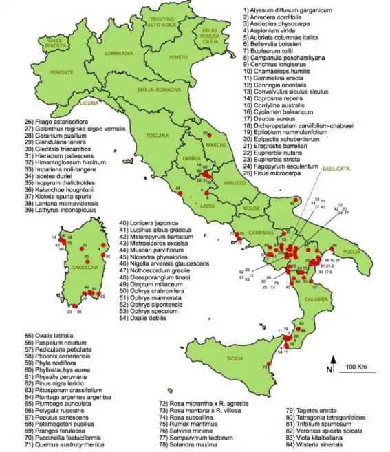 Figure 1. Research area with administrative Italian regions and locations of the new records of 