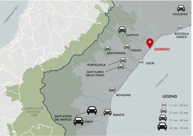 Figure 4. Travel time by car to the nearest urban pole Siderno in Locride (Y. Ou based on Google Maps, 2018).