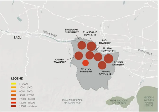 Figure 1. Population density in Meixian County (Y. Ou based on Google Maps, 2018).