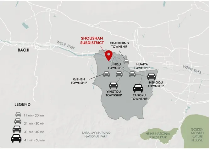 Figure 3. Travel time by car to the nearest urban pole Shoushan Subdistrict in Meixian County (Y