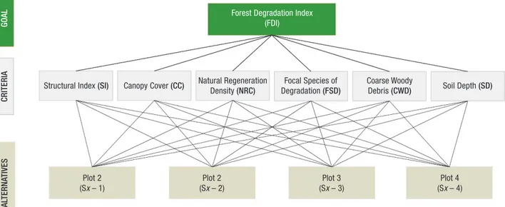 Figure 1. Decomposition of the Forest Degradation Index (FDI) into a hierarchy for each of the two investigated study-sites (Site 