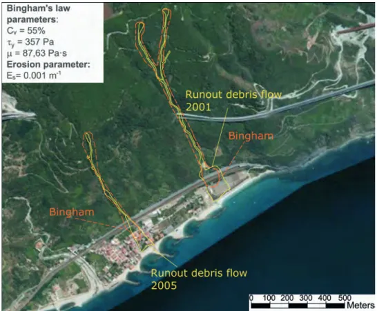 Fig. 11 – 2001 and 2005 Favazzina debris flows: comparison between real (yellow lines) and numerical (dotted lines) zoning.