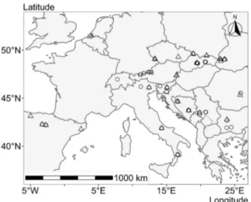 Fig. 1    Location of the 46 observational plots in mixed mountain for- for-ests (circles) and 45 observational plots in mono-specific stands of  beech in mountain areas (triangles) of 14 countries where increment  cores of beech were sampled for this stud